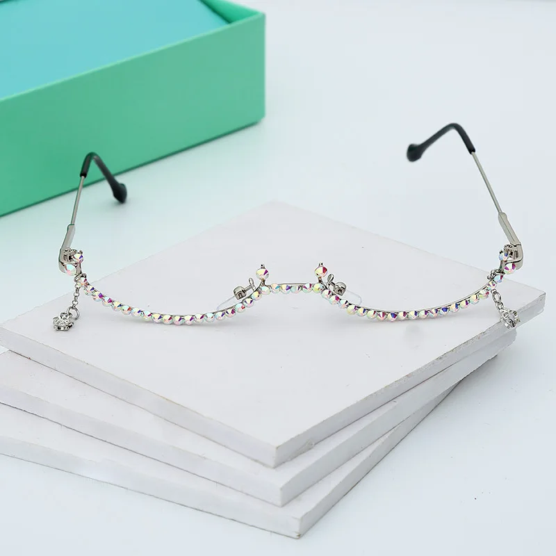 

Fashion Glasses without Lens Ins TikTok Lower Semi-Rimless No Plain Glasses Water Drop Decorative Chain Pendant Glasses