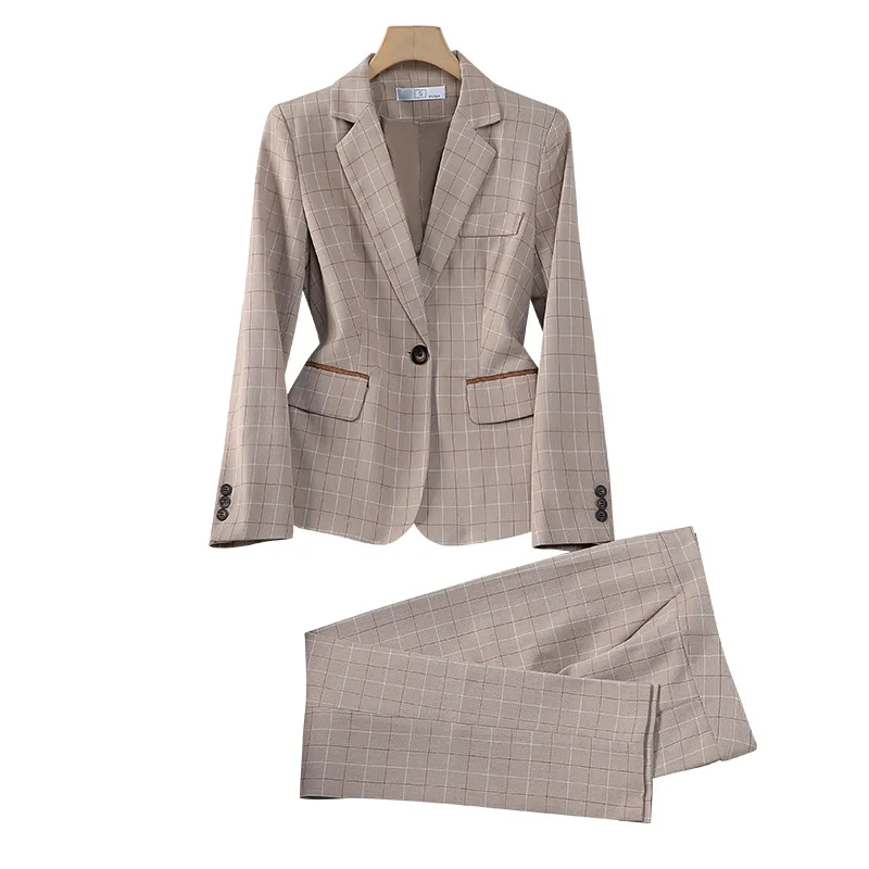 Apricot Plaid Pant Suits for Women Blazer British Style Capable Fashionable High-end Professional Clothing OL Clothes Suit Pants