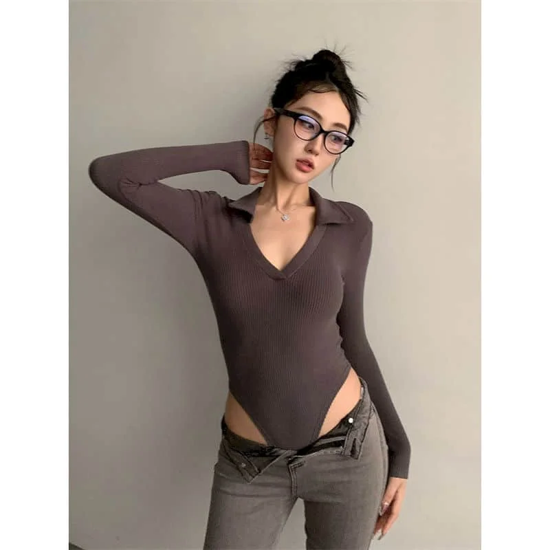 Monos femeninos, Body liso ajustado para mujer, camisetas sexis con cuello tipo Polo, ropa ajustada de manga larga de estilo americano para mujer, peleles
