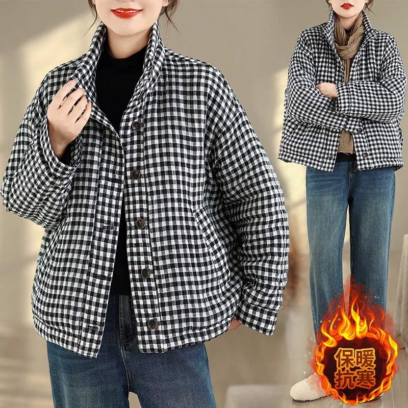 

Korean Sle Artistic Plaid Cotton Jaet Women's Winter Thi Warm Bread Sle Retro Temperament Cotton Coat Stand Collar