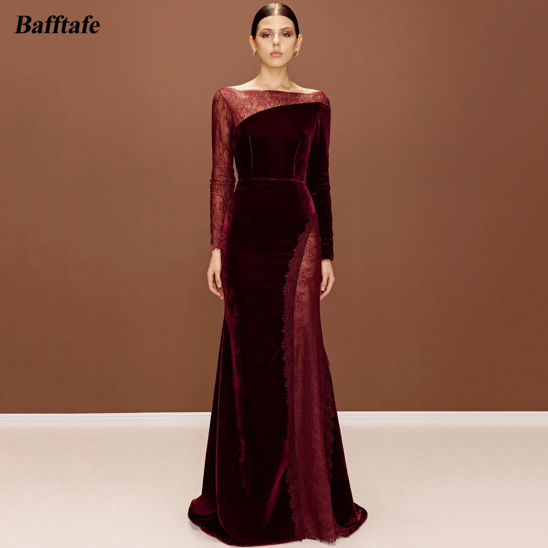 

Bafftafe Burgundy Customized Mermaid Evening Gowns Velvet Lace Women Prom Dresses Long Sleeves Formal Party Birthday Dress 2026