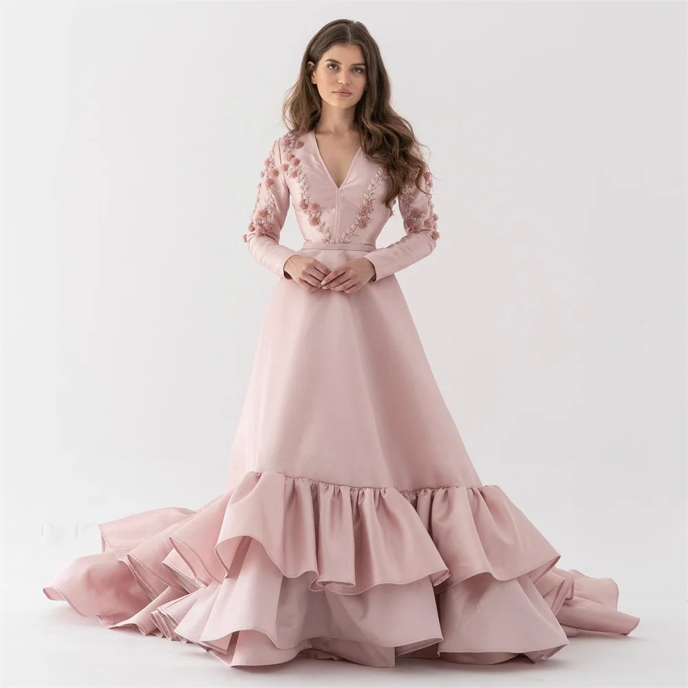 

V-Neck Long Sleeves A-line Prom Gown Handmade Flowers Exquisite Evening Dresses Floor Length Party Dress فساتين للحفلات الراقصة