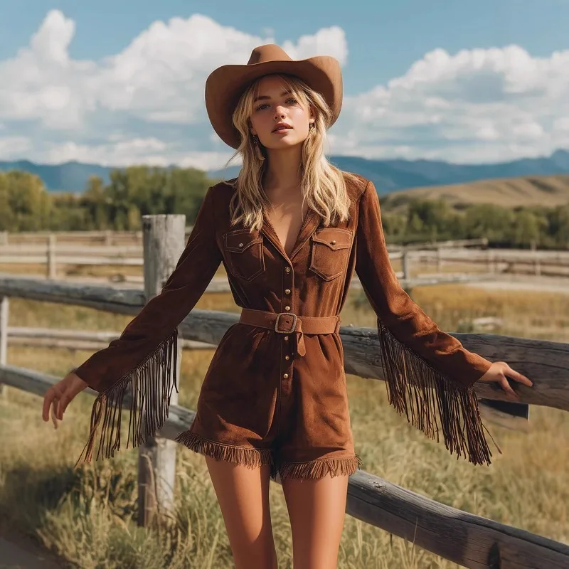 

Vintage Ethnic Long Sleeved Tassel Buttoned Jumpsuit Shorts Autumn Sexy Elegant Solid Color Slim Fit Long Sleeved Jumpsuit Women