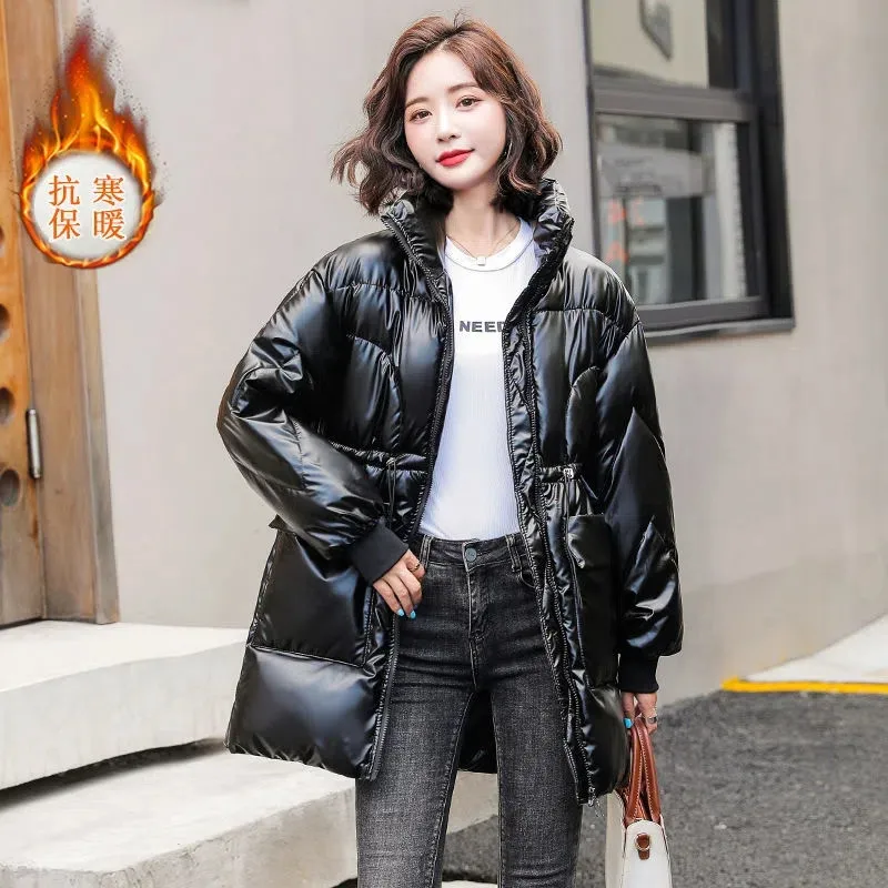 Winter New Glossy Waived Wash Down Cotton Clothes Women Mid-Length Cotton Coat Korean Version Loose Receive Waist Padded Jacket
