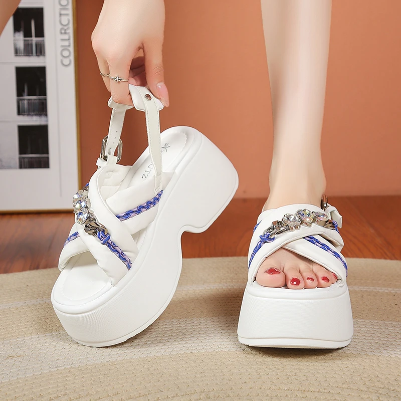 New Summer Women Chunky Sandals Leather High Platform Trainers Breathable Casual Slippers Shoes Woman 7.5CM Heels Wedge Sneakers