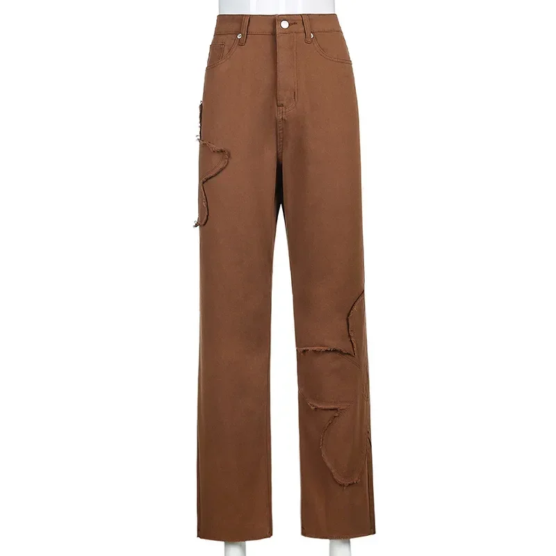 Aesthetic Baggy Jeans Women Brown Vintage 90s Loose Long Pants Flower High Waist Ladies Straight Denim Trousers Streetwear 