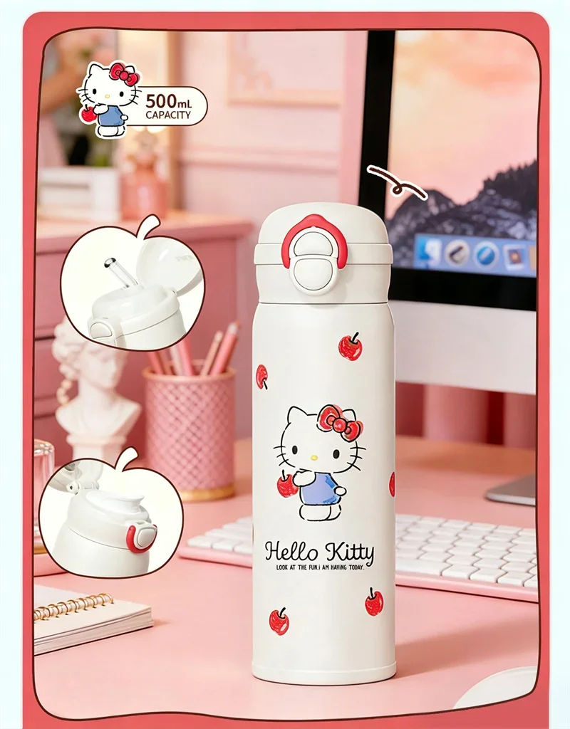 X&W Hello Kitty Theme Insulated Cup 316 Stainless Steel Girl Cute Straw Cups Portable Outdoor Travel Vaccum Flask Perfect Gift