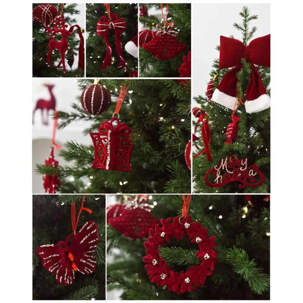 Good Luck Ornaments Festive Christmas Ornaments for Window Tree Wall Home Decor Velvet Flocked Snowflake Reindeer Bow Pendant