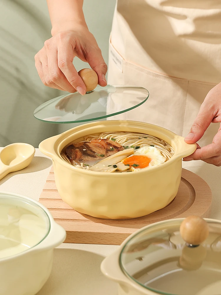 Noodles bowl with lid senior sense to eat noodles bowl net celebrity household new anti-scalding double ear soup bowl bibimbap