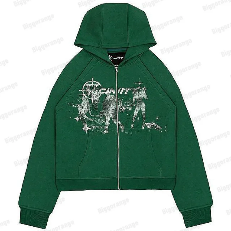 New hiphop green zipper sweater men's and women's personalized streetwear Harajuku anime print long-sleeved fleece top coat