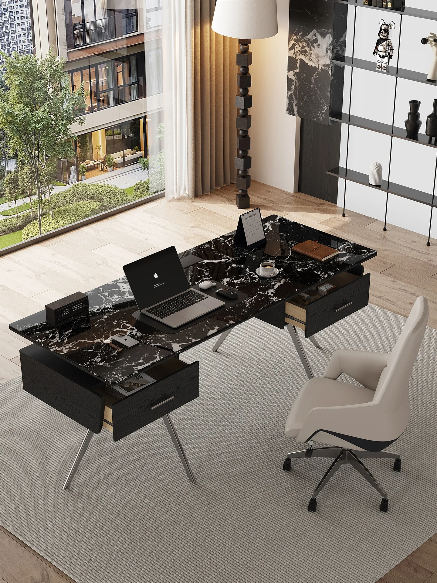 Modern simple supercrystalline stone desk Italian minimalist desk rectangular double drawer all solid wood home computer desk