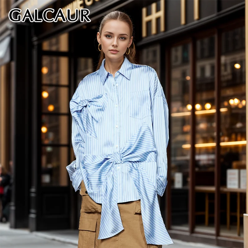 

GALCAUR Striped 3D Bow Shirts For Women Lapel Long Sleeve Single Breasted Oversize Hit Color Casual Blouse Female Spring Clothes