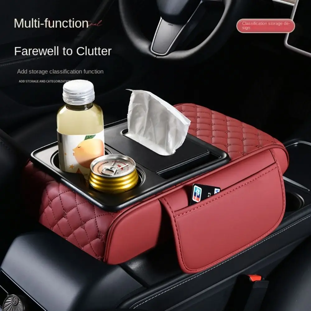 

Portable Center Console Armrest Cushion PU Leather Multifunctional Armrest Pad Height Increasing with Cup Holder Tissue Box