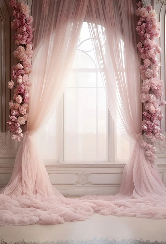 Mehofond Pink Princess Maternity Birthday Wedding Photography Backdrop Flower Window Curtain Girls Decor Photo Background Props