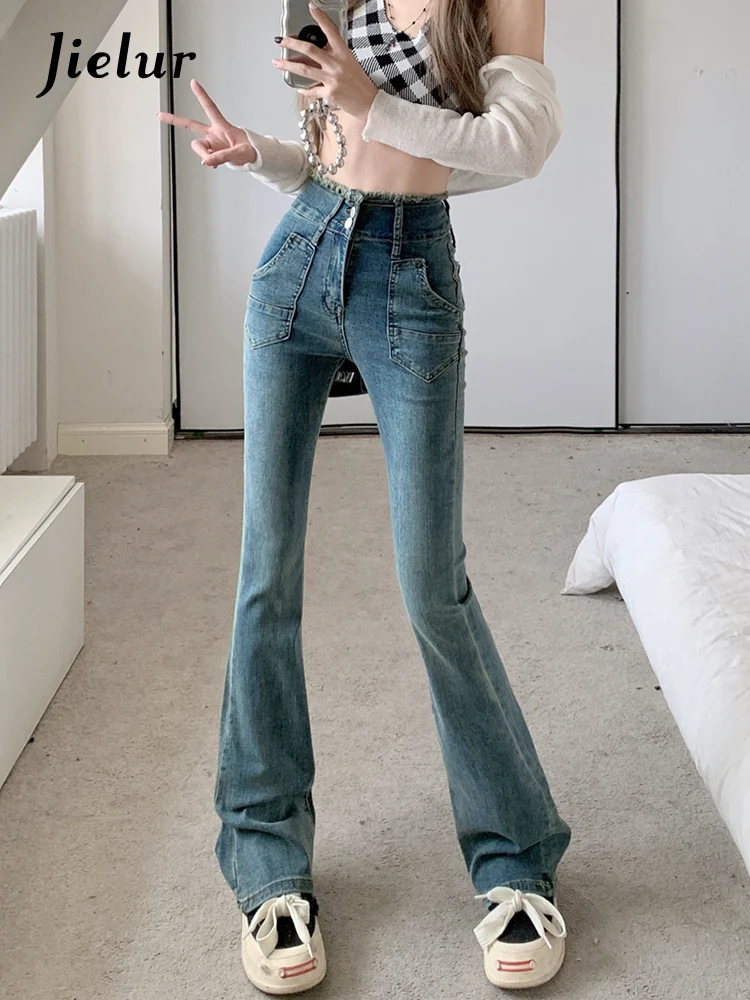 Jielur Lente Zomer Nieuwe High Waisted Elastische Rits Jeans Vrouwen Lange Broek Vrouwelijke Blauw Licht Verontruste Vrouwen broek