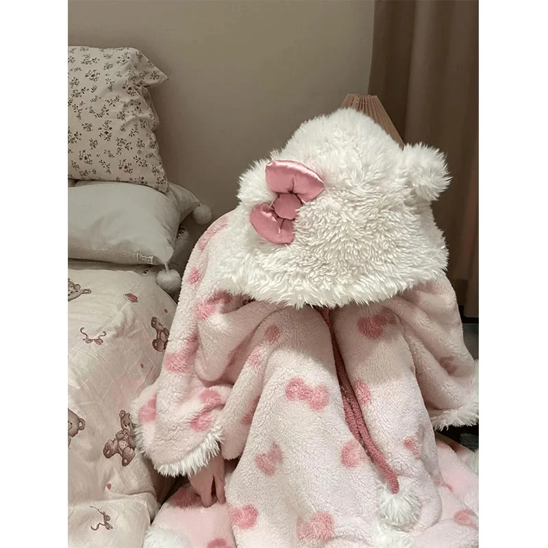 2024 New Hello Kitty Cute Cartoon Hooded Pajamas Female Winter Plus Velvet Coral Velvet Loose Warm Nightgown Cloak Nightgown