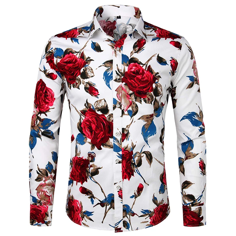 Men\'s Hipster Retro Rose Floral Graphic Shirts Full Printed Casual Slim Fit Long Sleeve Streth Shirt For Men Button Up Blouse