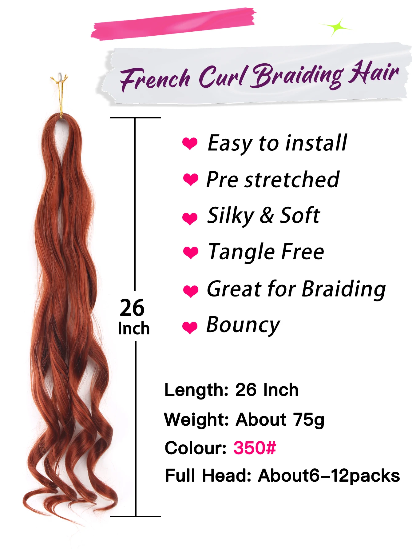 French Curls Braiding Hair 26Inch Synthetic Spiral Curl Crochet Braids Hair Extensions Pre Stretched Loose Wave Hair For Women