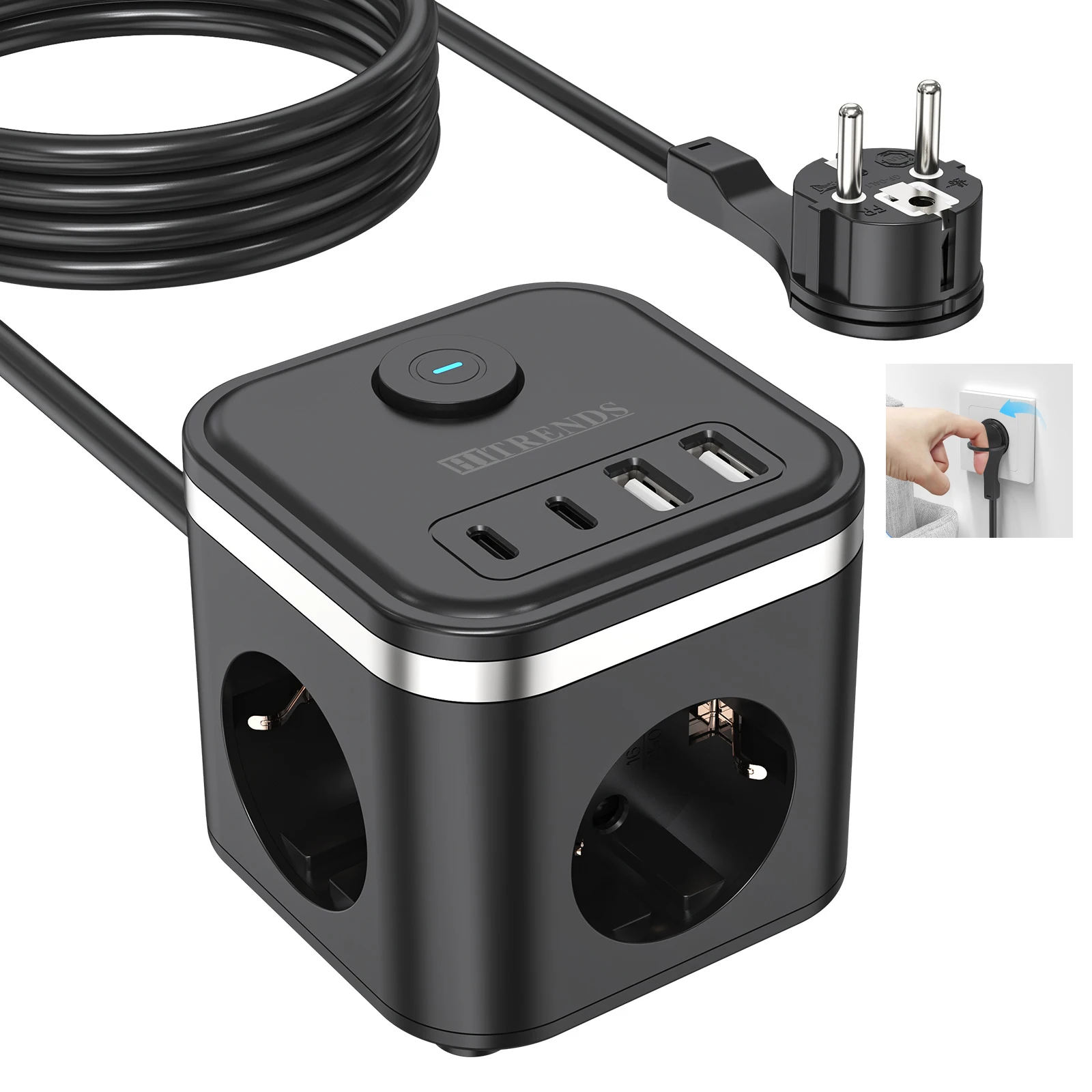 3680W EU Flat Plug Power Strip Cube with 3 AC Outlets 2 USB 2 Type C Fast Charging Wall Socket Adapter, 2M Cable for Home