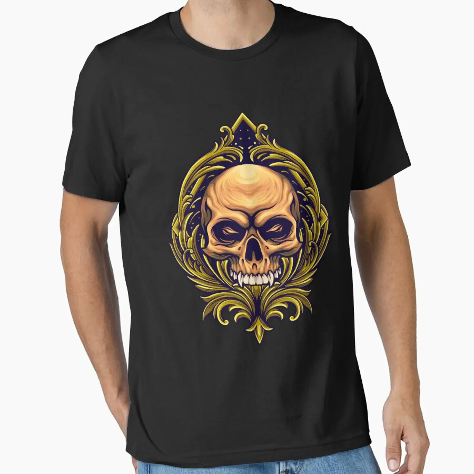 Skull Gold Frame Ornaments designed and sold by TADYSHOP vintage Washed Top For Everyday Wear Stylish Comfortable Unisex