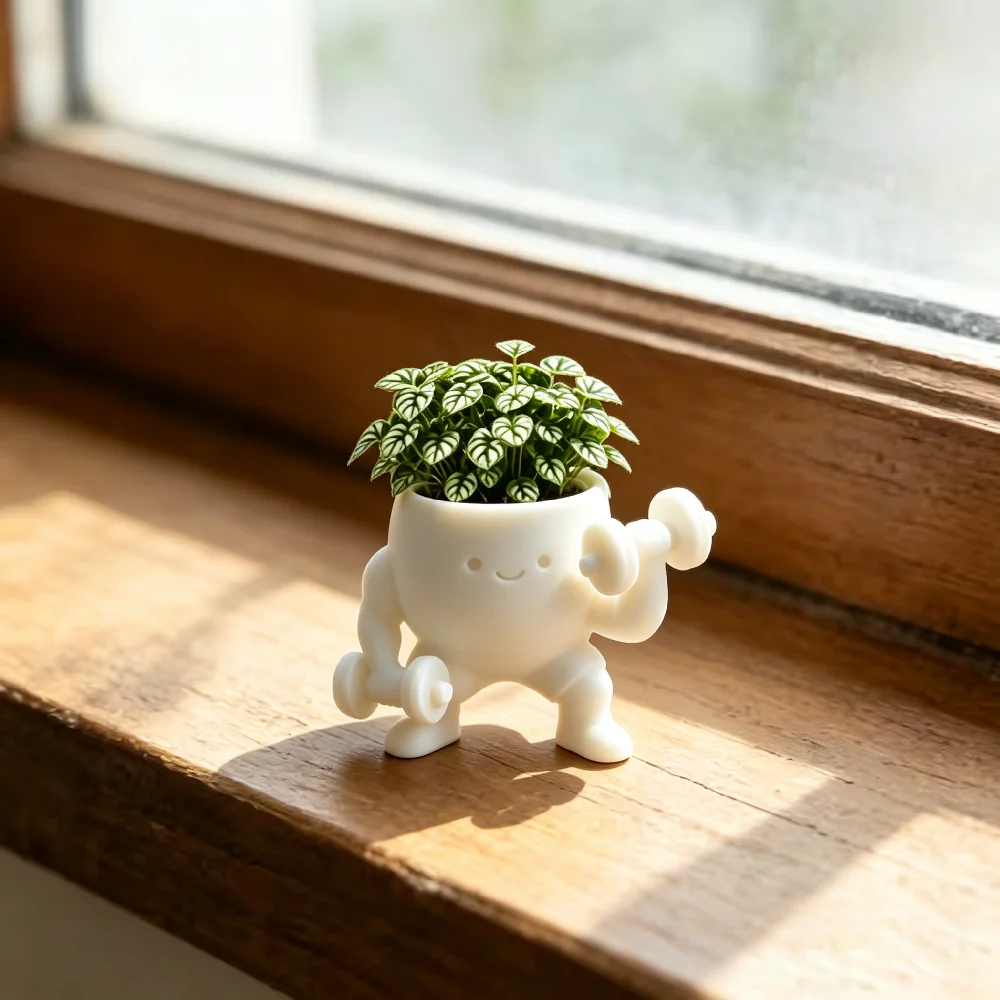 Cute Gym Dumbbell Planter Funny Fitness Muscle Man Succulent Flower Pot Creative Desktop Plant Holder Office Decor 3D Printed