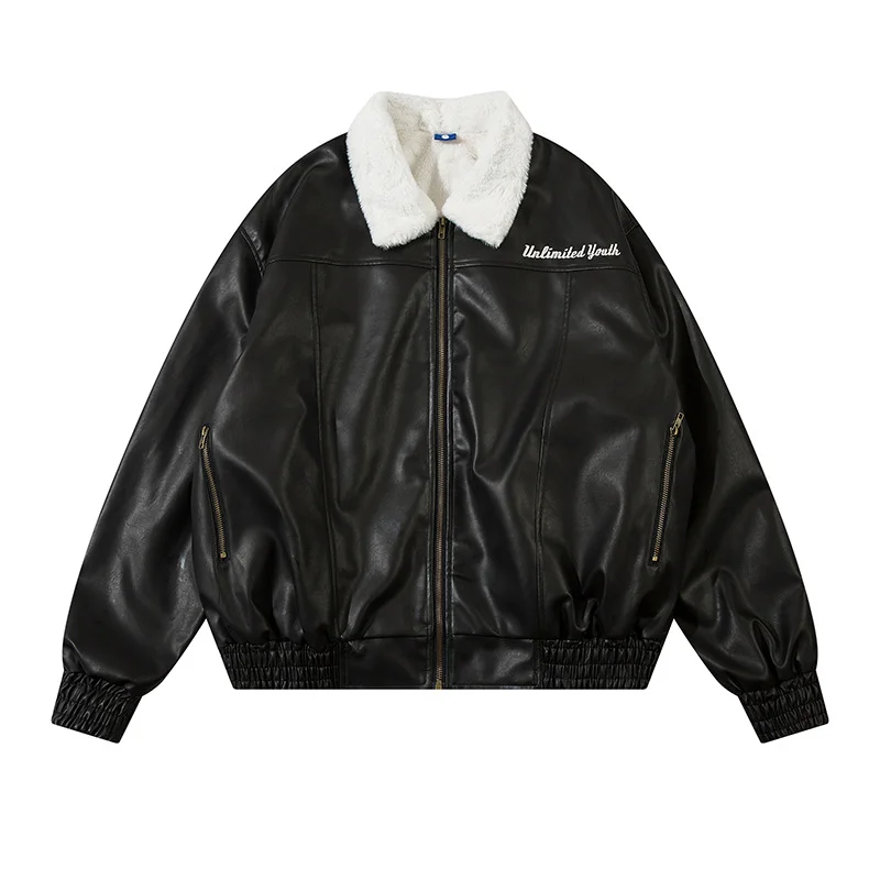 Femmes veste en cuir PU hommes américain haute rue rétro en détresse marée marque revers ample Plus velours épais coton manteaux vêtements