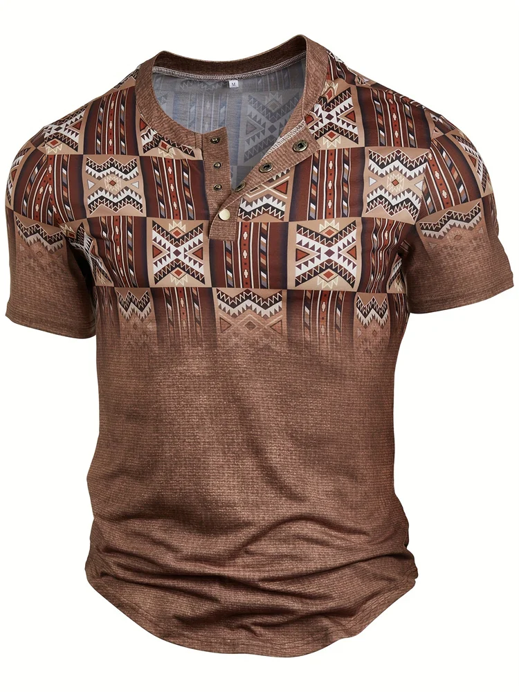 Fashion Men\'s Retro Denim Check Printing T-shirt V-neck Button Short Sleeve Oversized Casual Comfortable Summer T-shirt Clothing