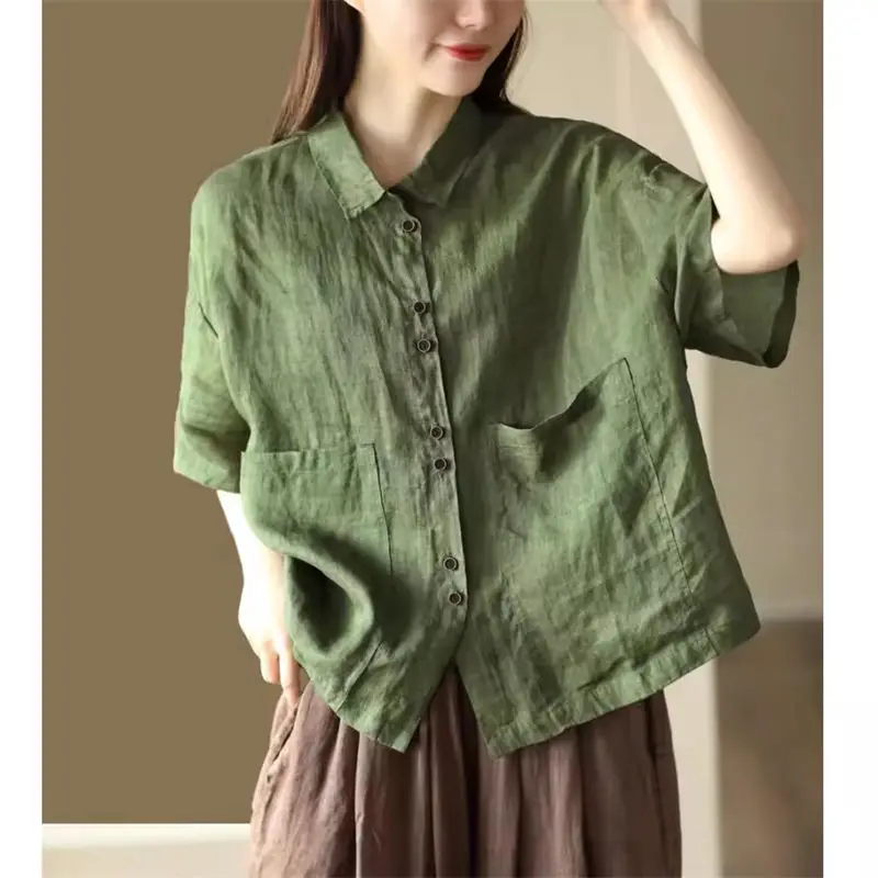 Retro Solid Color Summer Cotton Linen Shirt Women Short Thin Loose Versatile Stylish Casual Tops K620