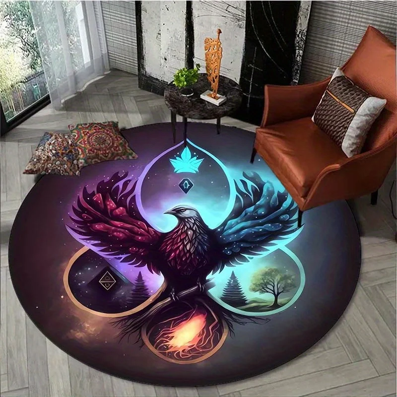 Mystical Crow Elemental Symbols Round Rug Flannel Esoteric Magic Floor Mat for Meditation Room Spiritual Decor Area Carpet