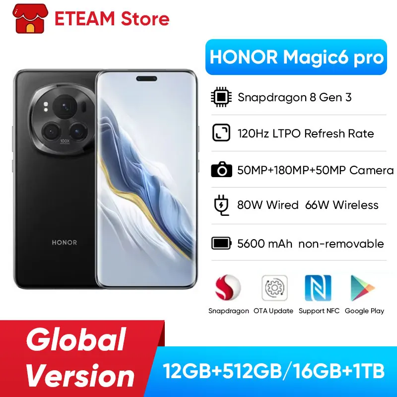 Оригинальный смартфон HONOR Magic6 Pro, Android, глобальная версия, Snapdragon 8 Gen 3, 120 Гц, 6,8 дюйма, четырех изогнутая камера 180 МП, 5600 мАч