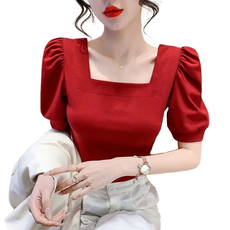 3XL Women Summer Spring Blouses Shirts Lady Fashion Casual Short Sleeve Square Collar Solid Color Clothing Blusas Tops G2561