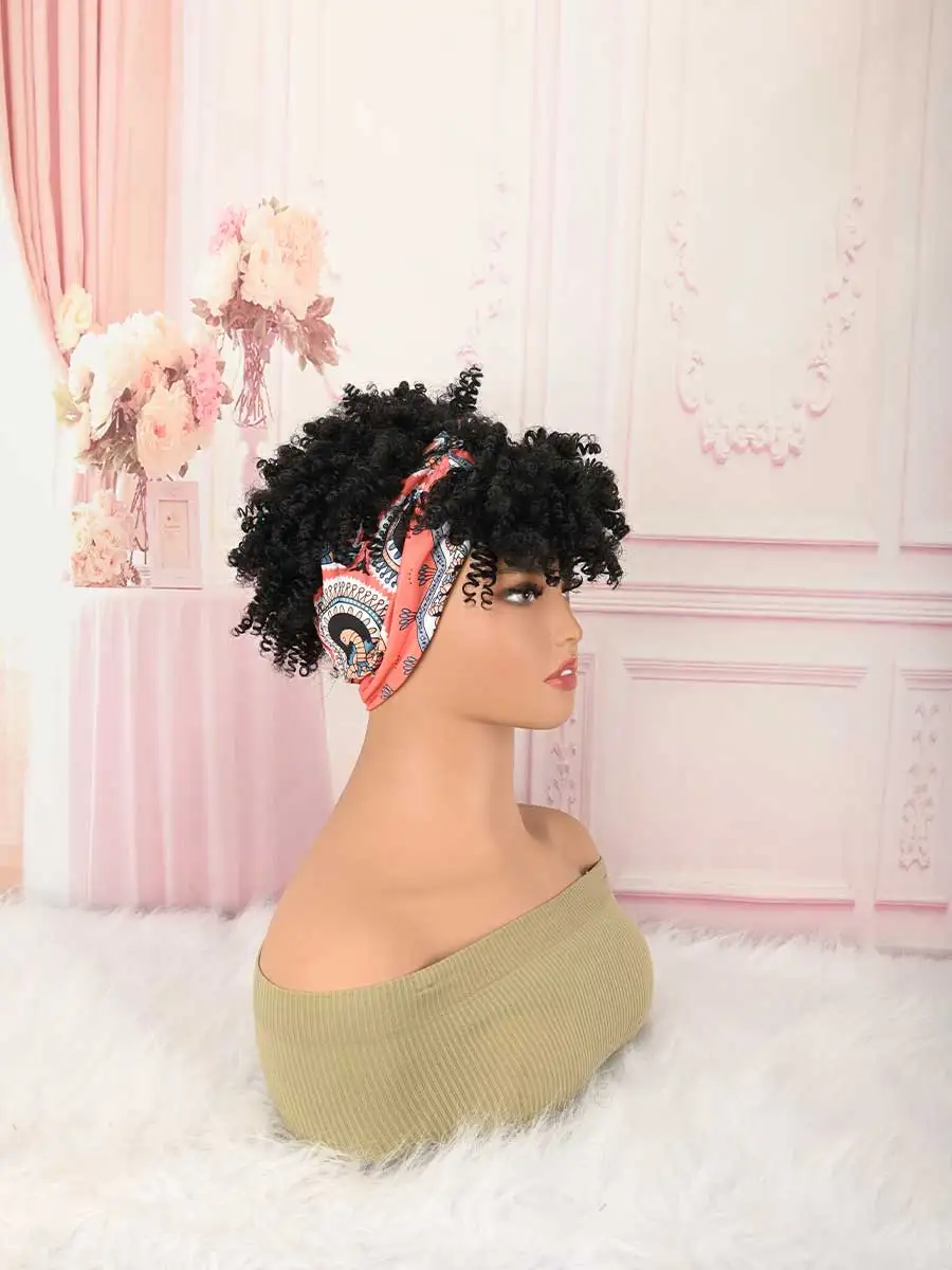 Headband Wig Curly Headband Wig With Bangs For Women Synthetic Afro Curly Hair Wig With Headband Attached Short Kinky Curly Afro High Puff With Bangs Stripes Short Red Curly Wigs with Bangs for Women, Natural Wavy Synthetic Hair, Fluffy Pixie Cut