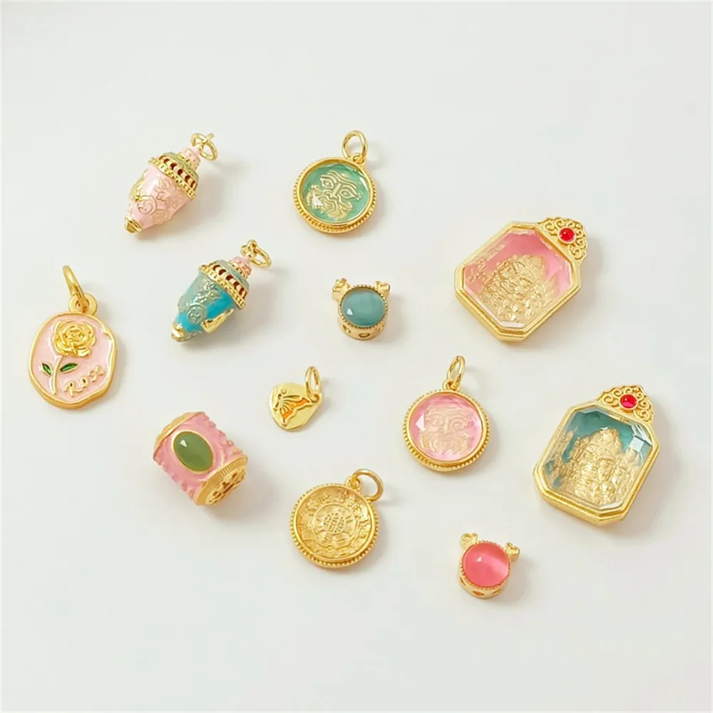 18K Gold-plated Five-piece God of Wealth Rose Pendant Cat's Eye Gold Coin Diy Bracelet Necklace Accessory
