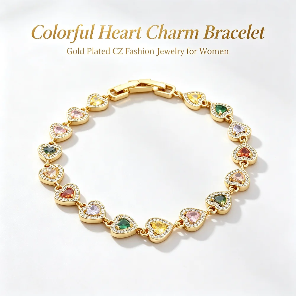 Greatera Damenarmband aus Kupfer mit Herzanhänger, zierliche, farbenfrohe Zirkon-Handkette, Party, klassisch, romantisch, wasserdichter Schmuck – Detail 9