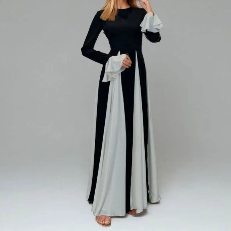 

Summer New Elegant Black White Patchwork Dress Woman's Vintage Vacation Robe Flare Sleeve O Neck 2025 Fashion Party Long Dresses