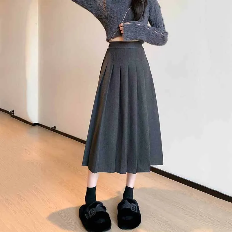 

2025 New High Waist Pleated Skirts for Women Autumn Winter Thicken Woolen Skirts Female College Style Folds A-Line Long Skirt