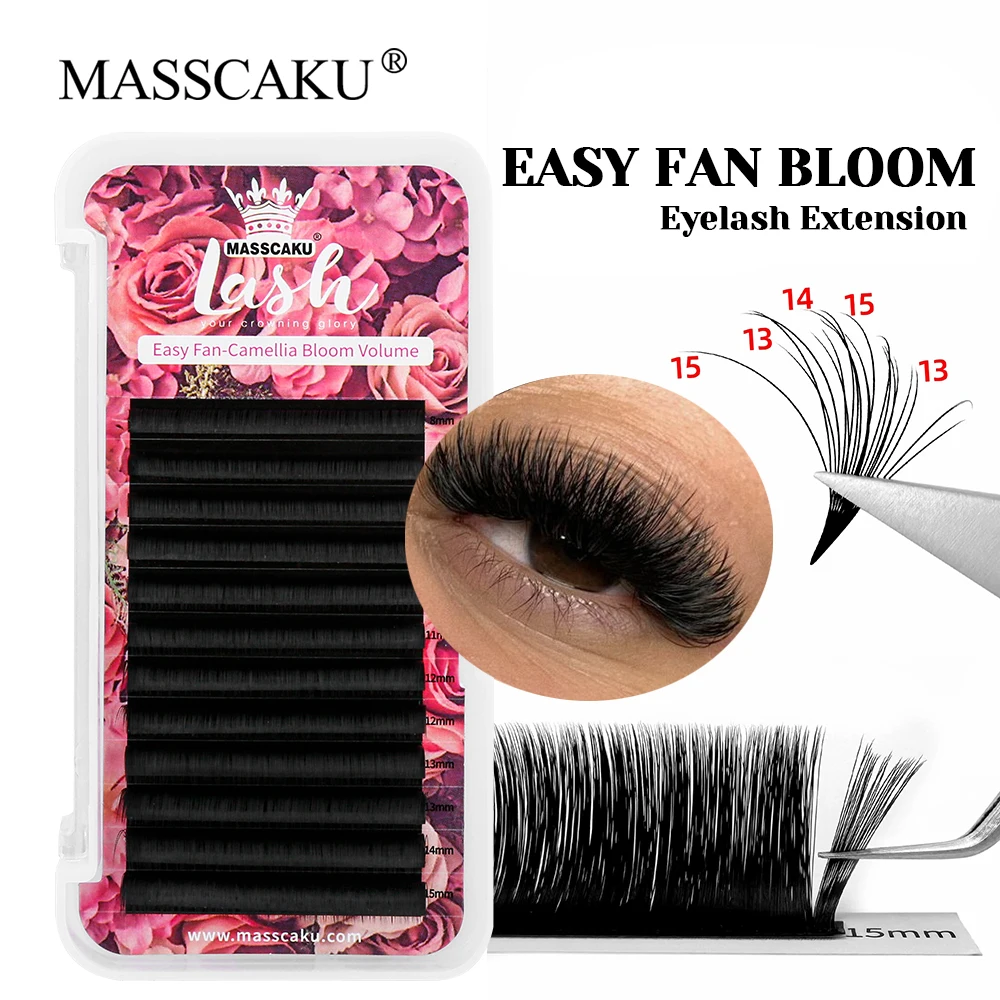 

12 Lines 3D Effect Premium Velvet Fiber Camellia Blooming Eyelash Individual Matte Dark Black Auto Flowering Lashes by MASSCAKU