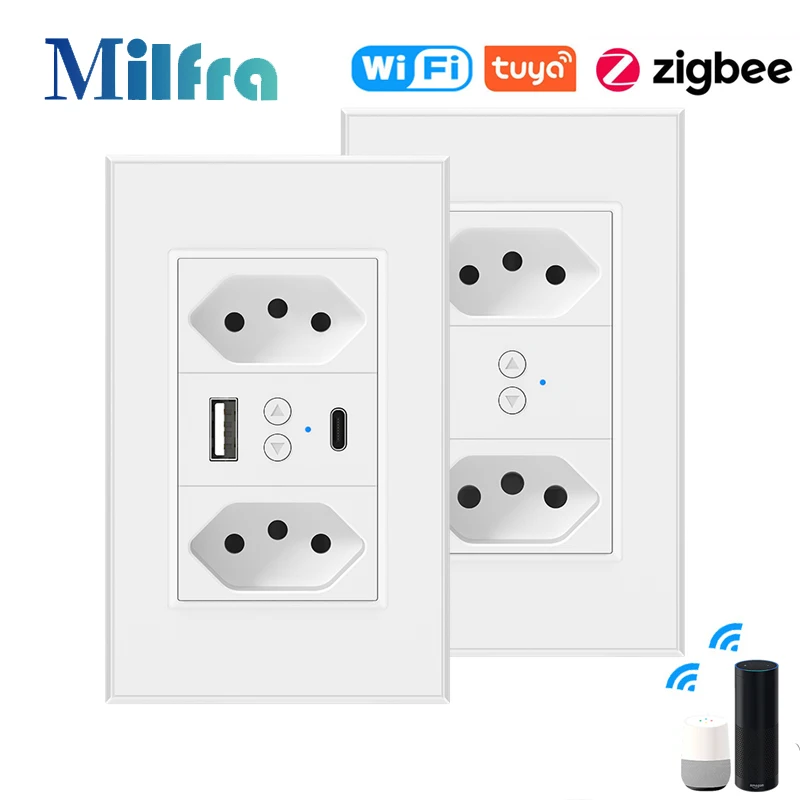 Brazil Standard USB Socket Wall Power Plug AC 110V-240V Power Socket Outlet Type C 120mm*72mm Timer Voice Control WiFi / Zigbee