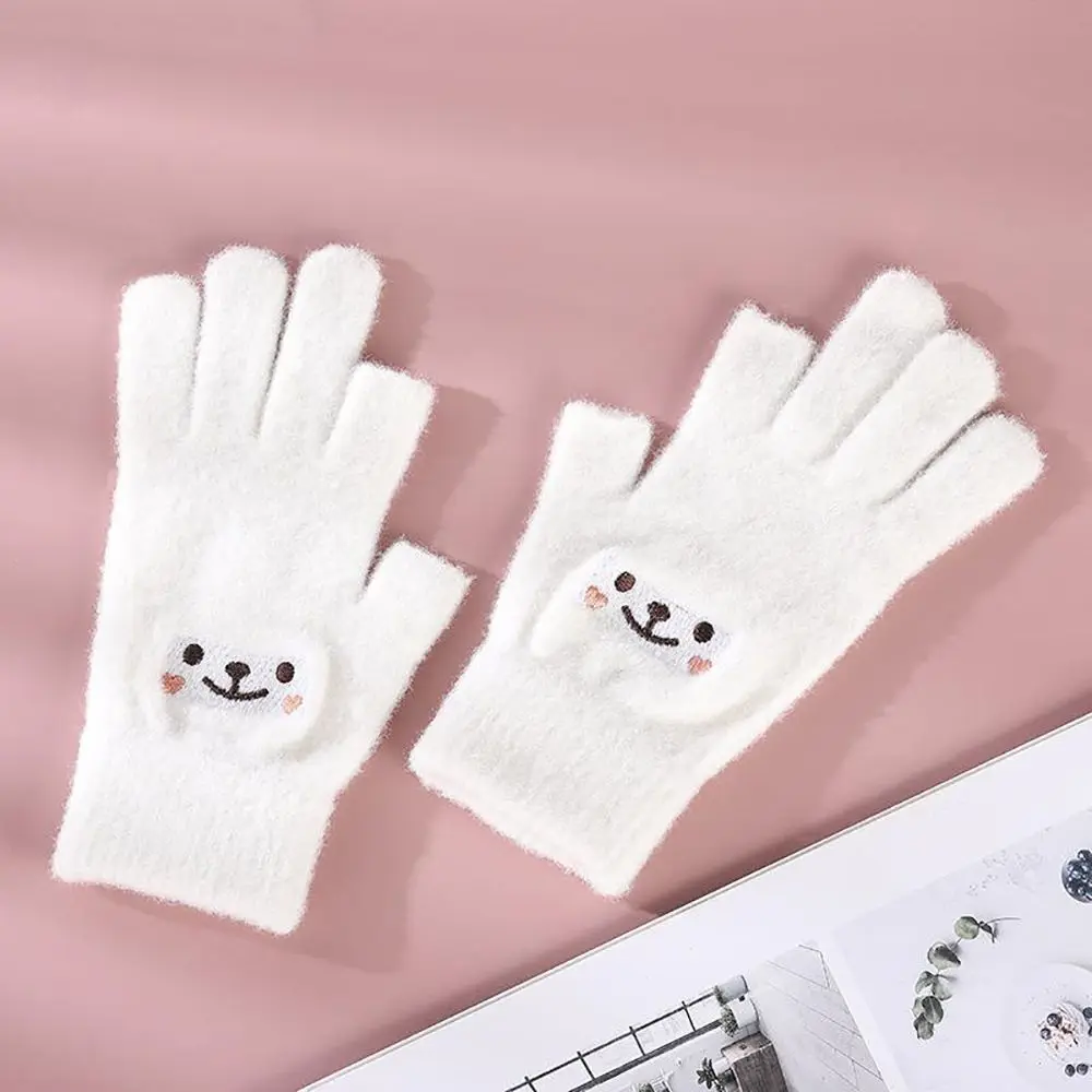 Thick Winter Playing Phone Women Writing Two-finger Exposed Men Smiling Face Gloves Fingerless Gloves Knitted Gloves Cartoon