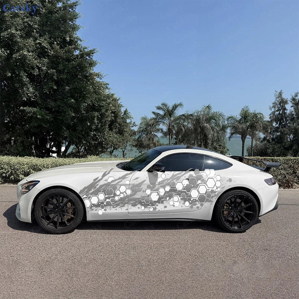 2Pcs Dynamic Hexagonal in Grey Shades Car Side Stickers, Automotive Door Side Graphics for Cars, Car Decoration Accessory