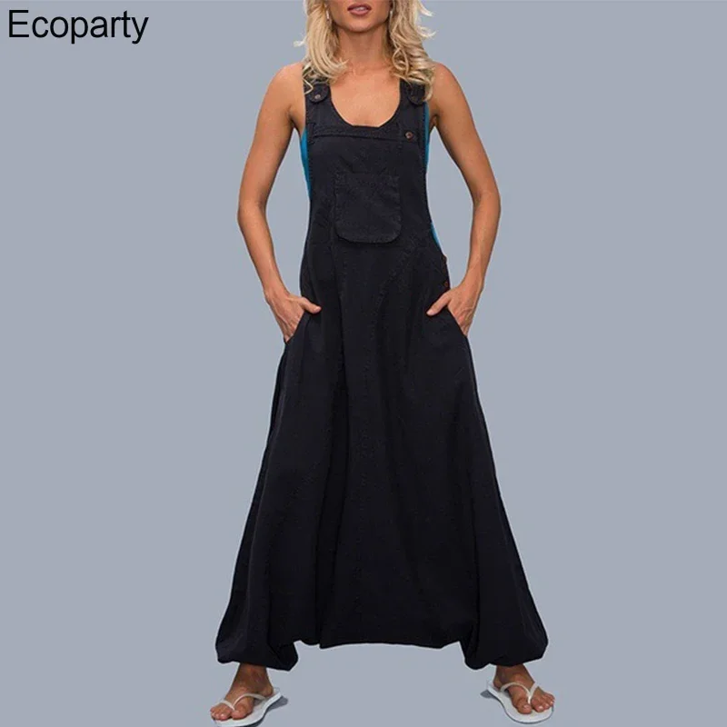 Womens summer Loose Jumpsuits Harem Pants Wide Leg Pants Sleeveless Pockets Bib Jumpsuit Siamese Trousers For Lady Large Size 35