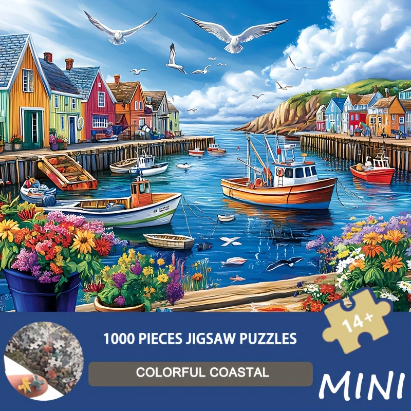 

1000 шт. головоломка Mini Coast Art — яркий вид спереди на пляж с красочными домиками и лодками, 14,96x14,96 дюйма, идеально подходит для естественной любви