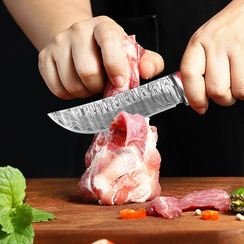 Damascus Boning Knife Meat Cleaver Mongolian Meat Eating Knife Beef Sheep Cutting Fruit Slicing Stainless Steel Kitchen Knife