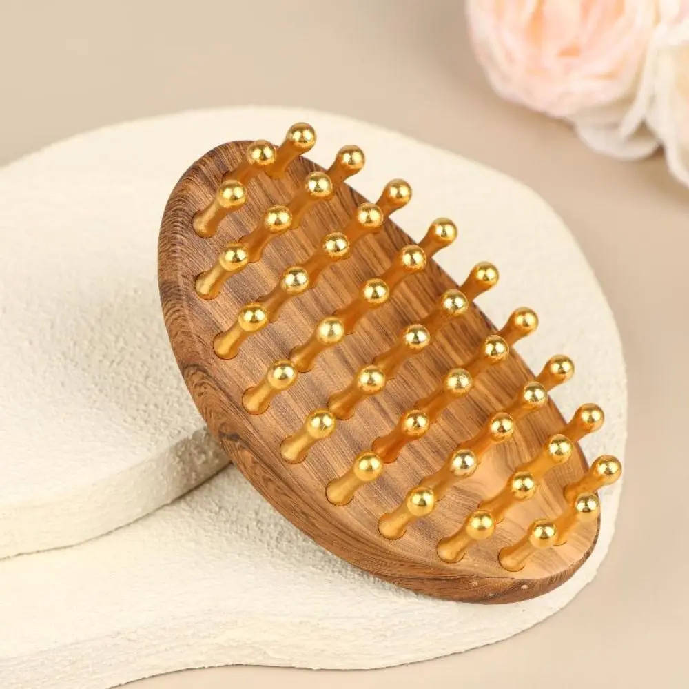 39-Tooth Solid Brass Body Massage Brush Gold Bead Roller Pressure Relief Meridian Brush Wooden Handle Multipurpose Massage Tool