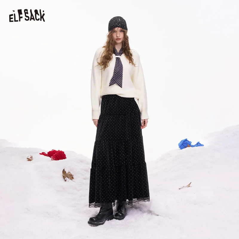 

ELFSACK Elegant Polka Dot Lace Ruffle Long Half Skirt For Women