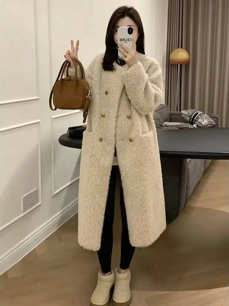 เสื้อโค้ทขนแกะอุ่นๆ สำหรับผู้หญิง ฤดูใบไม้ร่วง ฤดูหนาว อเนกประสงค์ แฟชั่น ความยาวปานกลาง สไตล์เกาหลี แขนยาว ทรงกลม ดีไซน์สองชั้น...