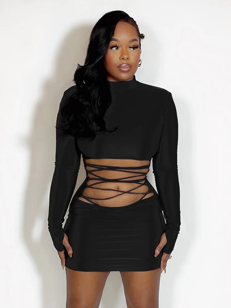 FDYOUI-minivestido de fiesta Sexy con cordones para mujer, Túnicas elegantes de manga larga recortadas, vestidos cortos para discoteca, color negro