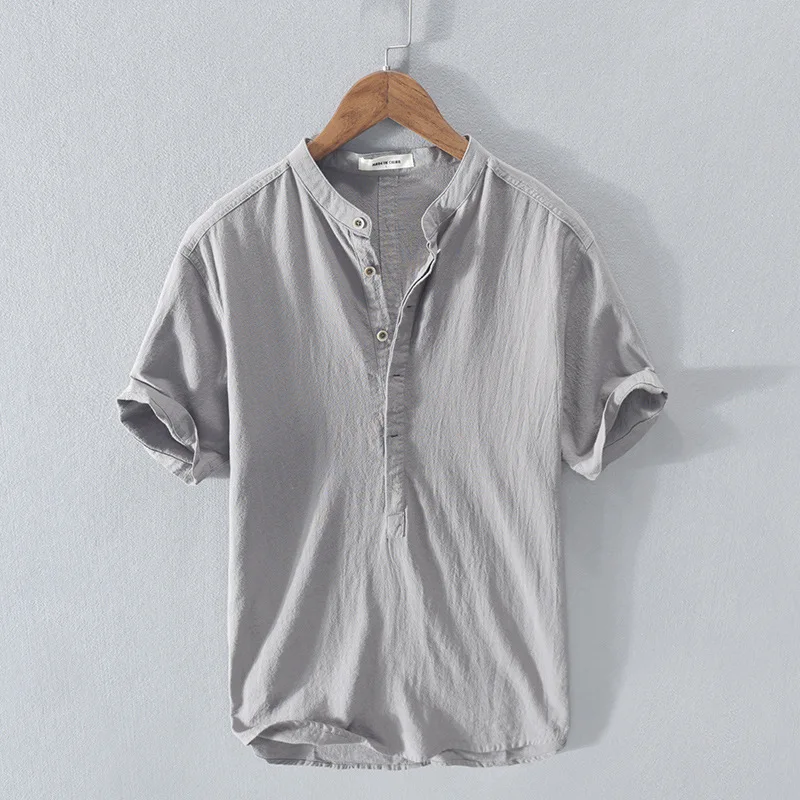 Men\'s Cotton Linen Shirt Short-sleeved Shirts Solid Color Pullover TEE Casual Simple Fashionable Tops  Jacquemus Moncler T Shirt