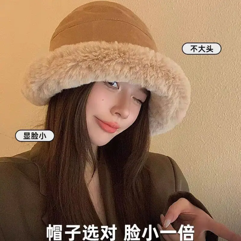 Winter Thicken Plush Fluffy Bucket Hat Women Faux Fur Warm Fisherman Cap Plus Velvet Panama Hat Warm Cold Protection Cap