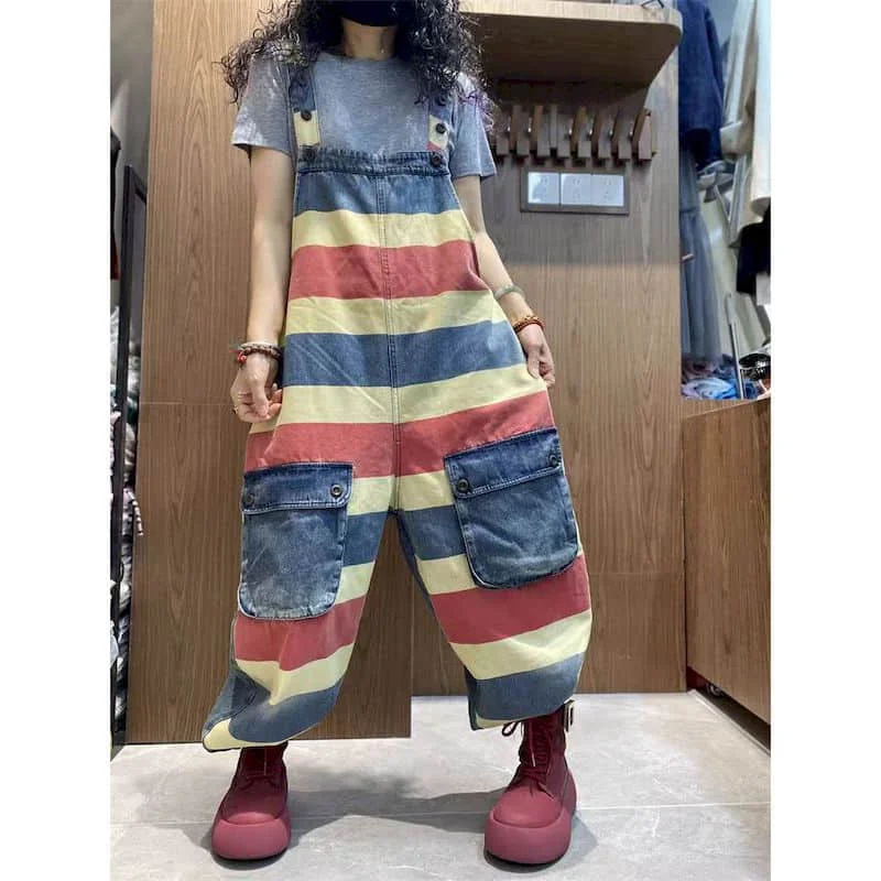 

Denim Jumpsuits Workwear Age Reducing Versatile Striped Jeans American Style Overalls for Women One Piece Outfit Women Clothes